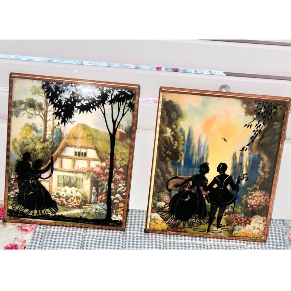 Silhouette Revere Painted Bubble Glass Art Victorian Scene Set of 2